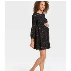 The Nines by Hatch Black Floral Balloon Long Sleeve Crepe Maternity Dress Medium